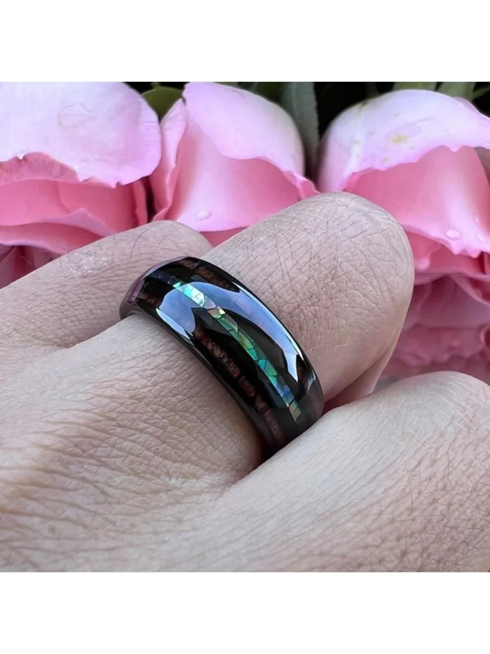 Stylish 8mm Tungsten Rings for Men & Women, Koa Wood & Abalone Inlay, Comfort